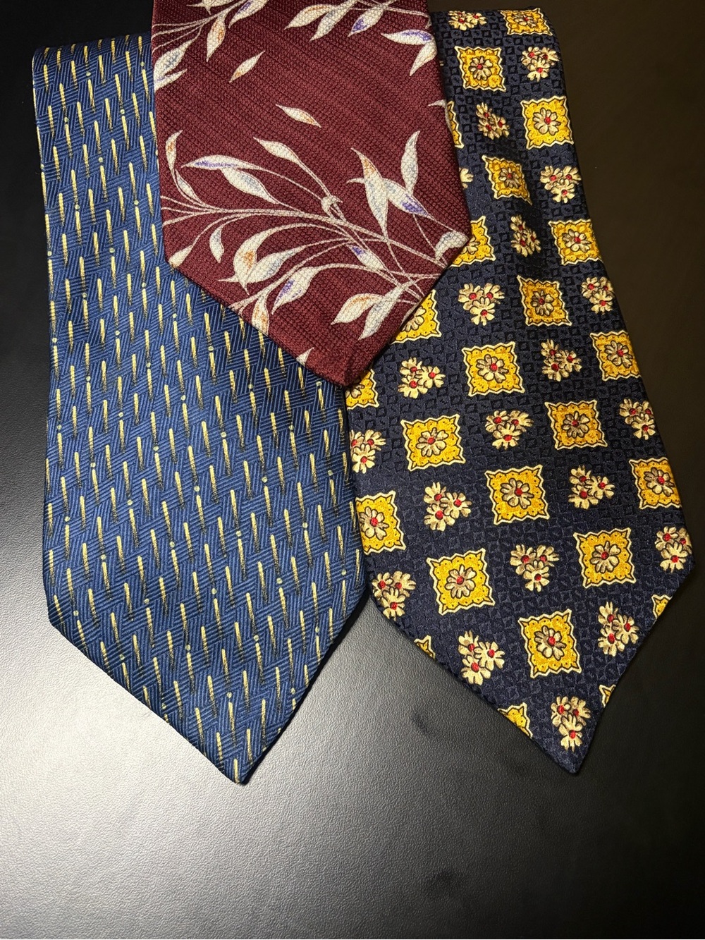 Three-Piece Men's Tie Set - Navy, Burgundy, Yellow Pattern